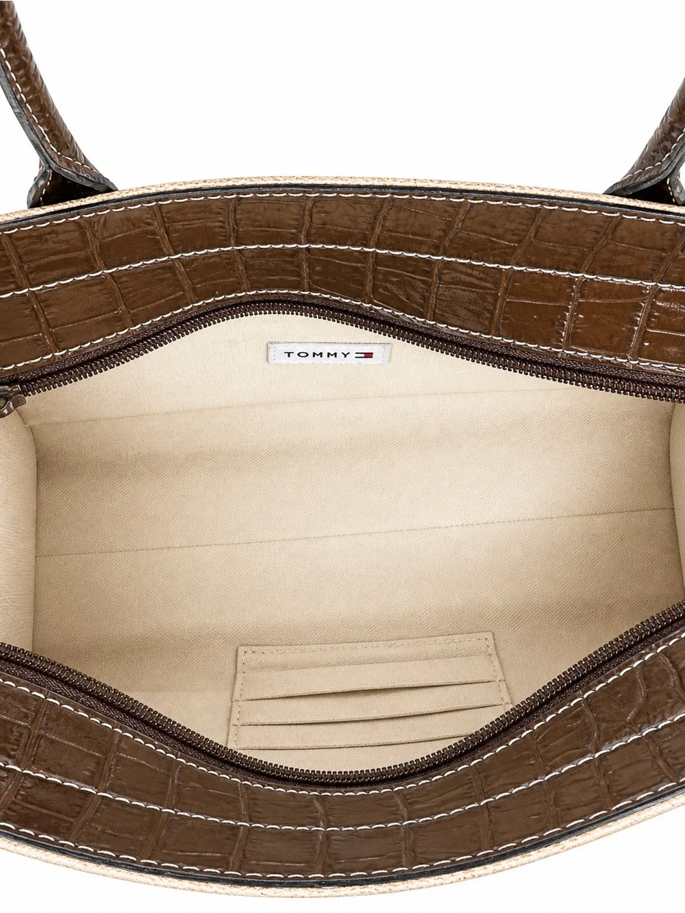 Tommy Hilfiger Straw Tote Brown Croc Embossed Leather Trim Shoulder Bag - Picture 6 of 12